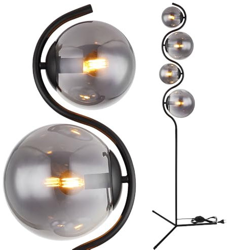 Standleuchte Stehlampe Wohnzimmer Rauchglas 4 flammig Schlafzimmerlampe, Metall schwarz, 4x E14, DxH 66 x 160 cm