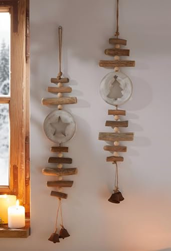 Dekoleidenschaft 2X Dekohänger Stern & Tanne aus Holz, 56 cm hoch, mit Glöckchen aus Metall, kleine Girlande, Türdeko, Weihnachts-Schmuck hängend, Hängedekoration