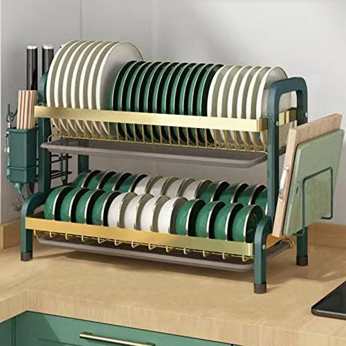 Escurridor de especias ajustable de 3 niveles y escurridor de platos para organización de encimera de cocina, escurridor de platos grande con juego de escurridor, compacto y ahorra espacio (verde, 56