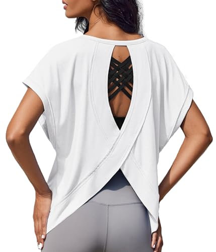 Weardear Sportshirt Damen Kurzarm Funktionsshirt Rückenfreies Laufshirt Loose Fit Sport Tshirt Atmungsaktiv Kurzarmshirt Gym Yoga Workout Fitness Oberteil Lang Sommer Weiß L