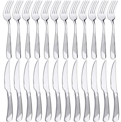 PionStar 24P Knife and Fork Sets, Stainless Steel Cutlery Set for 12 People, Forks Set of 12 & Knives Set of 12, Dishwasher Safe/Mirror Polished, Silverware Set Include Knife and Fork