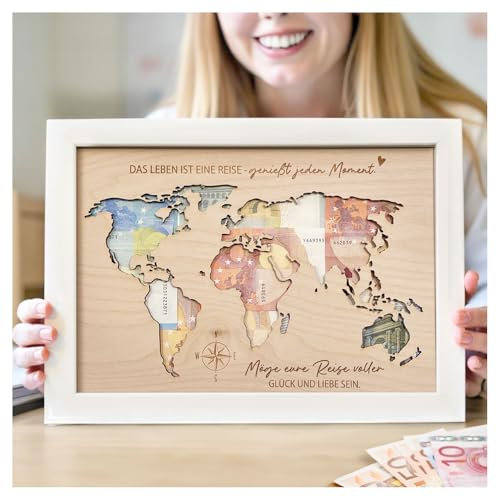 Grandora Geldgeschenk Weltkarte aus Holz - Bilderrahmen 30x21 cm eure Reise - liebevolle Gravur einzigartiges Geschenk für jeden Anlass Hochzeit Weihnachten XHG1007-03