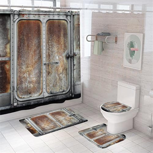 Badezimmerteppich Rostige Tür Badteppich rutschfest Waschbar Badgarnitur 4 Teilig – Badematte Set Mit Wc-Vorleger Und Badematte,Teppich Badezimmer Für Sicherheit Und Komfort Im Bad 45X75Cm