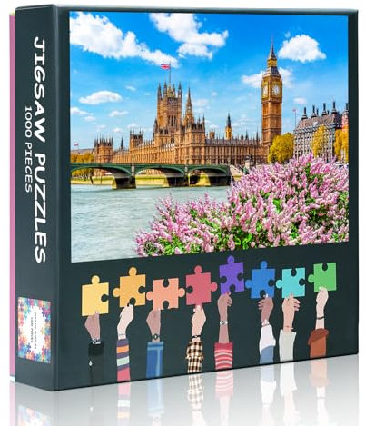 1000 Piece London Landmarks Jigsaw Puzzles - Big Ben and Houses of Parliament in Spring with Blooming Trees and Clear Skies - Iconic British Puzzle for Adults and Travel Enthusiasts