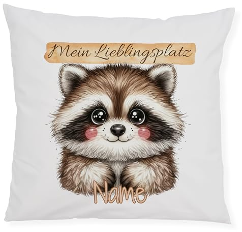 GRAZDesign Personalisiertes Kissenbezug Mein Lieblingsplatz Waschbär 40×40 cm flauschig weich – Dekokissen mit Namen für Sofa Bett, Kinderzimmer