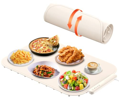 Food Warming Mat, Electric Warming Tray Food Warmer with Adjustable Temperature, Rollable Potable Silicone Heating Mat for Food, Kitchen Gadgets Home Essentials for Buffet Party Gathering (Beige)