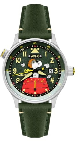 AVI-8 Hawker Hurricane Mckellar Dual Time Peanuts Snoopy Flying Ace Herren-Armbanduhr mit Lederarmband, 43,5 mm, AV-4151