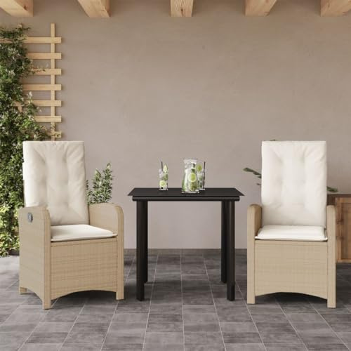 Yunovire 3-TLG. Garten-Essgruppe Beige Poly Rattan, verstellbare Stühle, 80x80cm Glastisch, Bequeme Kissen, für Terrasse, Balkon, Außenbereich, UV-beständig