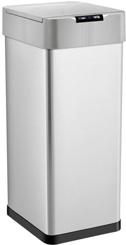 GRANDMA SHARK 50L Automatic Sensor Bin, Stainless Steel Touchless Rubbish Bin with Adjustable Infrared Sensor, Waterproof Kitchen Waste Bin with Soft Close Lid, Battery or USB-C Powered, Silver