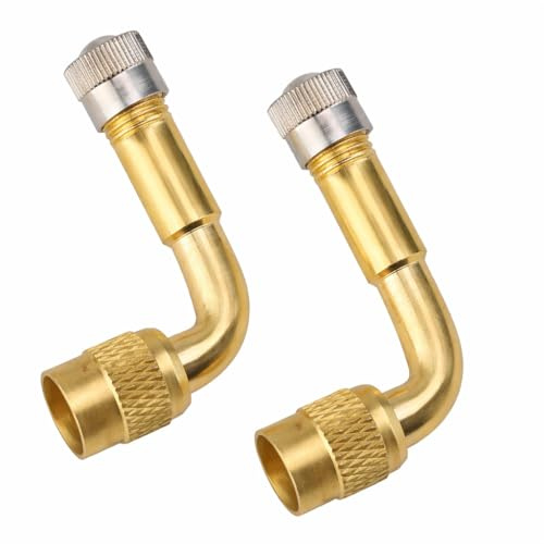 2 Pcs Tyre Valve Extension Adapter, 90 Degree Brass Tire Valve Extender Stem for Easy Air Access, Compatible with Car Motorcycle Bike Truck RV Scooter, Includes 2 Metal Caps