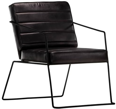 Foknhdi Schwarzer Echtleder Sessel 52 x 70 x 71 cm mit pulverbeschichtetem Stahl Gestell, Robustes Design und Industrial Look für Living Room Wohnzimmer Home Office und Garten