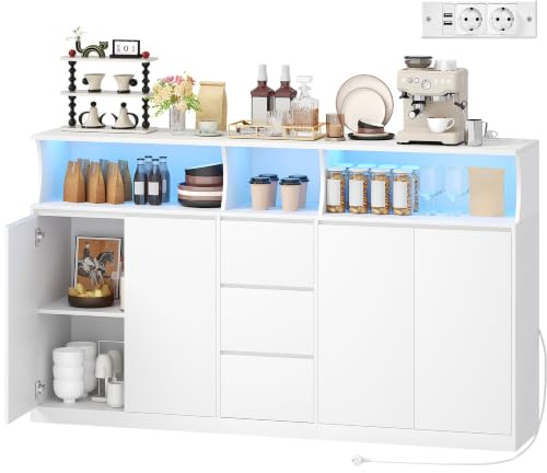 YUNSCEND180cm Breit Sideboard Küchenschrank Mit Steckdosenleiste LED-Licht | Küche mit Arbeitsplatte, Küchenkommode mit 4 Türen 3 Schubladen, verstellbare Ablage, für Wohnzimmer, Küche, Esszimmer, Flur
