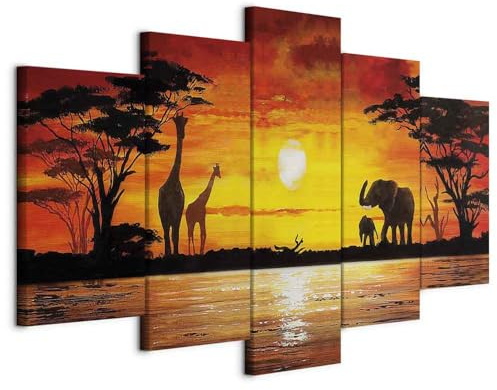B&D XXL - Wandbilder XXL Afrika Vlies Leinwandbild 5 tlg Kunstdruck modern Wandbilder XXL Wanddekoration Design Wand Bild - Sonnenuntergang Tiere Landschaft Natur wie gemalt 5730