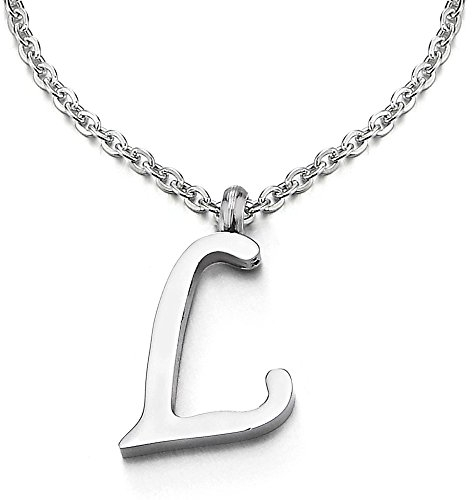 COOLSTEELANDBEYOND Name Initiale Alphabet Buchstaben A bis Z Anhänger Edelstah Halskette für Damen Herren mit 50cm Stahl Seil-Kette - L