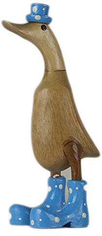 ART-CRAFT Holz Ente Lauf Ente Gartendeko Figur aus Bambus Wurzel und Teak Holz mit Stiefel und Hut Blau 25cm hoch