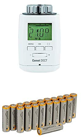 Eurotronic Comet DECT Heizkörperthermostat / Thermostat mit Internetzugang – kompatibel mit AVM FRITZ!Box / App gesteuertes Heizungsthermostat - Weiß mit Amazon Basics Batterien