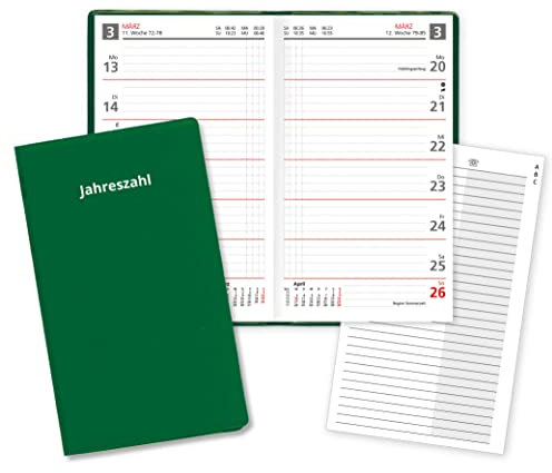 Wochentaschenkalender für das Jahr 2025 Sekunda Taschenplaner in Rot mit Adressheft und PVC Einband in Grün