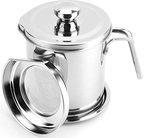 WUWEOT 2 L Bacon Grease Container with Strainer, Stainless Steel Oil Strainer Pot Grease Can with Dust-Proof Lid, Easy Grip Handle and Tray for Bacon Fat, Kitchen Cooking or Frying Oil