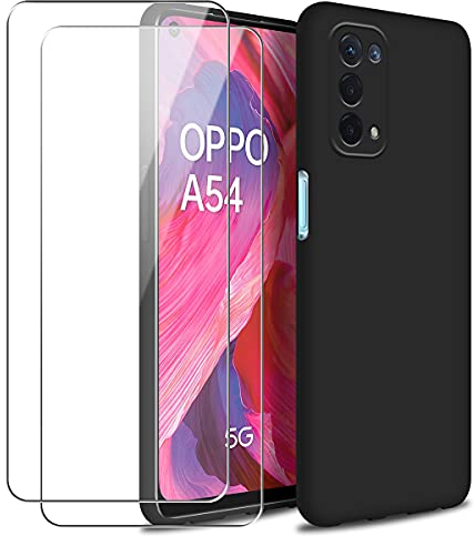 Hülle kompatibel mit Oppo A54 5G / Oppo A74 5G, mit 2 Gehärtetes Glas Schutzfolie Displayschutzfolie, Schwarz Weich Flüssigkeit Silikon Handyhülle Schutzhülle Hülle für Oppo A54 5G / Oppo A74 5G