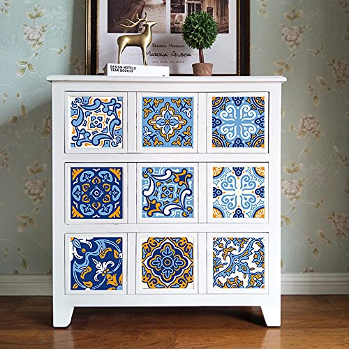 Fliesenaufkleber Mediterranes Gelbblau Mosaikfliesen PVC Wasserdicht Fliesenaufkleber Bad Ölfest Klebefliesen Spritzschutz Fliesenfolie Hitzebeständig Küchen Rückwand Selbstklebend 20x20cm