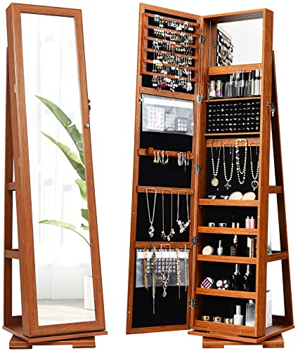 RELAX4LIFE Drehbarer Schmuckschrank mit Ganzkörperspiegel & eingebautem kleinen Spiegel, 2-in-1 Spiegelschrank & Schmuckregal, für Schmuckaufbewahrung, Schrank für Schmuck, abschließbar (Braun)
