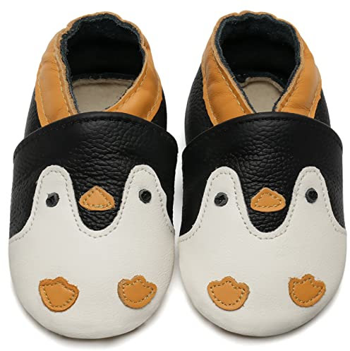 IceUnicorn Krabbelschuhe Baby Lauflernschuhe Jungen Weiche Leder Babyschuhe Kleinkind Lederschuhe mädchen Babyhausschuhe(Schwarzer Pinguin,18-24)