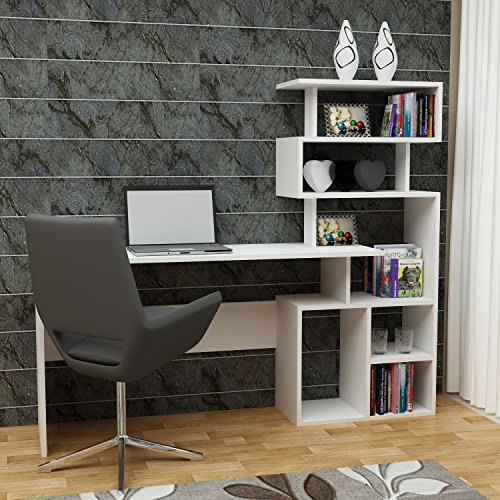 DECOROTIKA - Next Computer Desk with Shelves - White - Workstation, Writing Desk