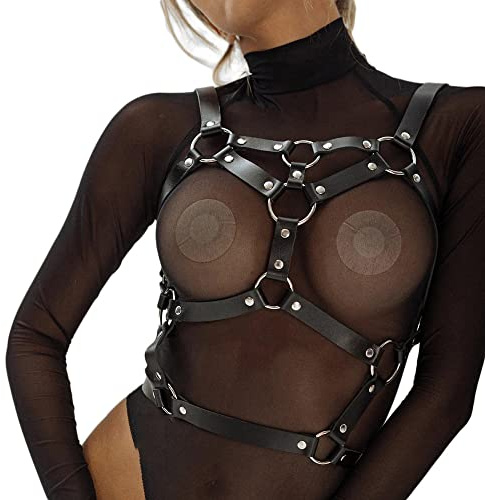 Limmion Damen Sexy Leder Fesselgurt Punk Harness Body Brustgurte Cupless Lingerie BDSM SM Geschirre Brustgurt Gürtel Fetisch Bondage Erotik Reizwäsche Cosplay Party Rave Clubwear Sexy Kleidung