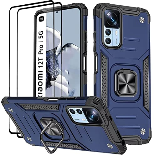 KANSi Hülle für Xiaomi 12T Pro/Xiaomi 12T, Schutzfolie [2 Stück] Silikon TPU Hart PC Handy Hüllen 360 Grad Drehbar Ringhalter Bumper Stoßdämpfung Schutzhülle - Blau