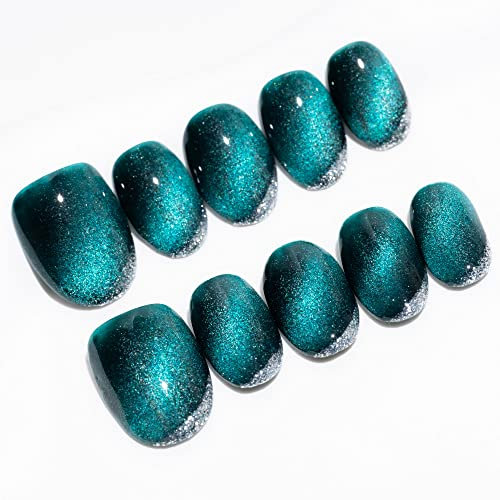 Sun&Beam Nails Handgefertigte Kunstnägel Kurz Squoval Rund Nägel zum Aufkleben in Grün Blau Silber Französische Magnetisches Glitzer Design mit Klebepads 10 Stück (#036 S)