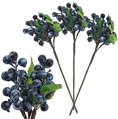 Meiwlong künstliche Blaubeere Stämme mit gefälschten Beeren Floral Picks für Mittelstücke, Bauernhaus Dekor, Urlaub Hochzeit Handwerk-3 Pack