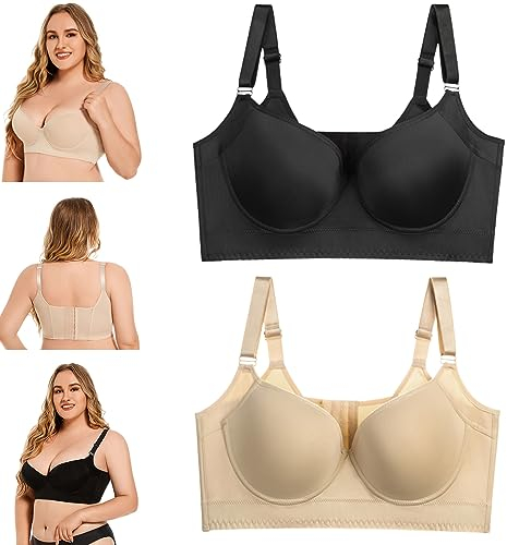 2pcs Comfortable Back Smoothing Bra,Women Deep Cup Bra Full Back,Plus Size Women's Push Up Bra,Plus Size Uplift Bra (1,36/80F)