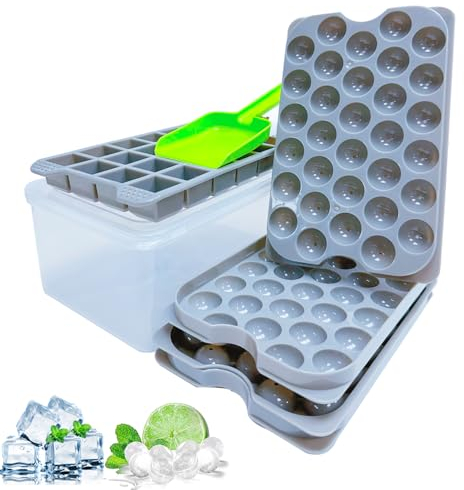 Spespo Eiswürfelbehälter mit Deckel und Behälter, Eiswürfelform für 64 Runde und 24 quadratische Eiswürfel, Ice Cube Tray für Cocktails, Babybrei, inklusive 3 Formen, 1 Aufbewahrungsbox,1 Eisschaufel