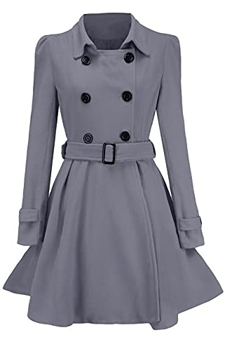 Azruma Lederimitat Jacke Damen Damen Jacke Winter Steppmantel Damen Frauen Warme Einfarbig Zweireiher Revers Langer Mantel Mit Gürtel Slim Fit Winddicht Langarm Wollmantel Mit Knöpfen (2-Gray, Xxl)