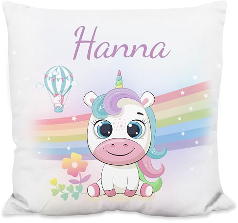 True Statements Kinder-Kissen personalisiert „Einhorn mit Regenbogen-Motiv“ - 40x40cm, mit Kissen-Füllung - Deko-Kissen für Kinderzimmer - Geschenke Geburtstag Weihnachten (flauschig)