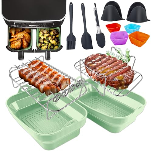 Silicone Air Fryer Liner for Ninja Foodi Flexdrawer 13Pcs for Ninja Durable AF451UK AF300UK/400UK Tower T17088,Including Reusable Air Fryer Liner,Air Fryer Racks,Glovesmetc for Oven,Microwave,Green