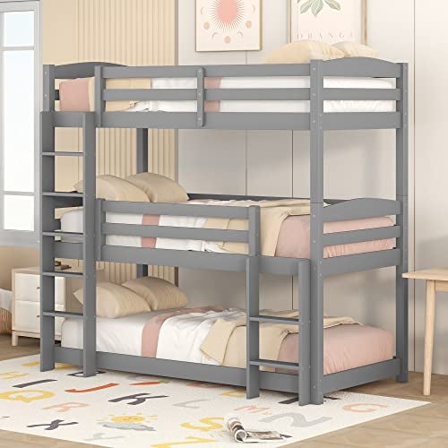 Lexiou Single-Size-Holz-Dreier-Etagenbett für Kinder, 90x200cm (Grau)