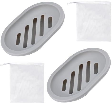 DAZZLUXE Porte-savon ovale gris en 2 parties avec sac en filet blanc en 2 parties, porte-savon avec drainage, convient pour la salle de bain, la cuisine et le comptoir