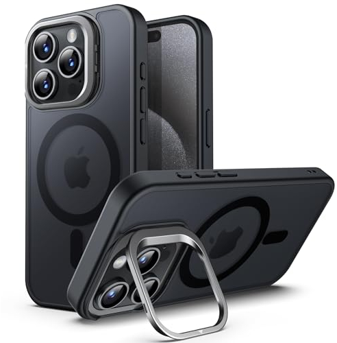 JETech Kickstand Case for iPhone 15 Pro 6.1-Inch Compatible with MagSafe, Built-in Adjustable Camera Stand, Translucent Matte Magnetic Back Slim Shockproof Phone Cover (Black Titanium)