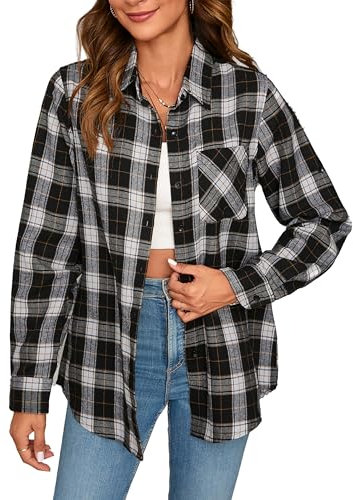 Stamain Chemise Carreaux Femme Manches Longues Chemise Flanelle Casual Noir Blanc Bucheron Western Blouses Classique Chemises Cowboy Boutonnées M
