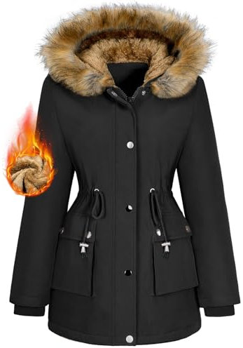 Xnova Cappotto Donna Invernale, Parka Impermeabile con Cappuccio Antivento, Media Lugghezza Giacca Foderato in Pile Pelliccia Sintetica Caldo ed Elegante Cappotti Outdoor Autunno Inverno (Nero, L)