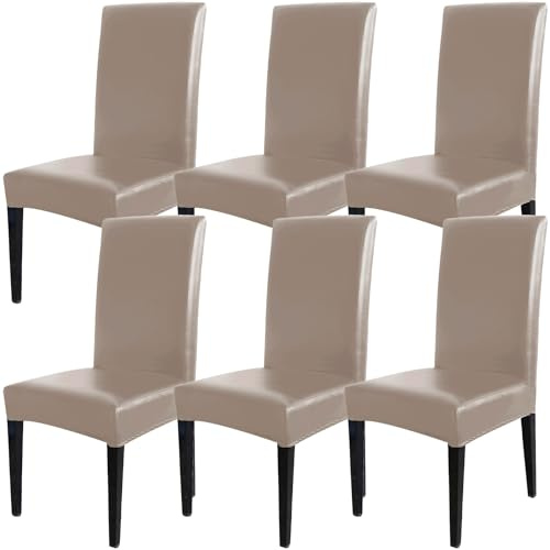 Qubjus Esstisch Stuhl Abdeckungen, solide Pu Leder wasserdicht ölfest Stretch Esstisch Stuhl Protector Cover Slipcover (Khaki, 6 Pack)