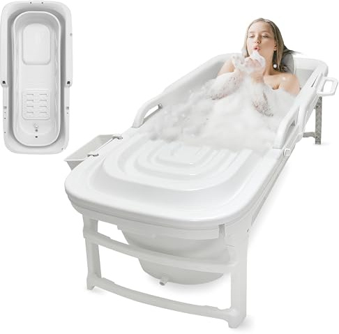 SereneLife Faltbare Badewanne Erwachsene 150 cm – Mobile Klappbare Badewanne für Dusche mit Deckel und Ablaufschlauch für Indoor und Outdoor, Weiß