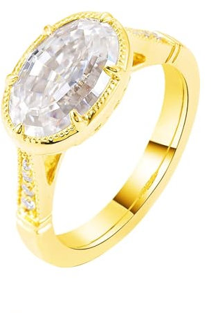 Skcess 9 Karat Gelbgold Ring Damen Weiß Moissanit Oval, Ringe Frauen Runder Ring mit Weißem, Ovalem Moissanit Ringe Frauen Größe 49 (15.6)