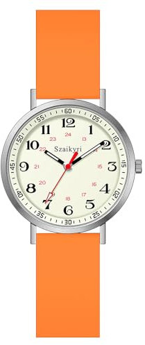 Szaikyri Nurse Watches for Women Medical Professionals, Students with Luminous Easy Read Military Time Dial Unisex Sports Watch Water Resistant (Orange Silver)