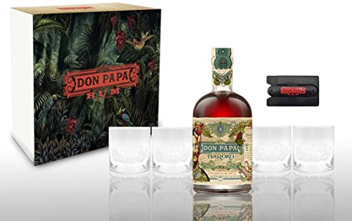 Don Papa Rum Baroko 0,7L (40% Vol) + 4 Tumbler mit Geschenkverpackung Glas Gläser + Handy Karten Halterung zum aufkleben Aged in Oak Rhum Ron- [Enthält Sulfite]