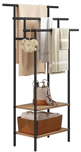 EUGAD Toallero de Baño de Pie, Soporte Toallas con 3 Barras y 2 Estantes, Gran Espacio de Almacenamiento, Toallero Escalera de Madera y Metal, Negro+Roble Claro