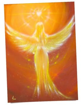 Henriettes-ART Engel Wandbild „Das Herz weiß es“ – Kunstdruck mit goldenem Licht, spirituelle Deko mit Herz (13x18cm)