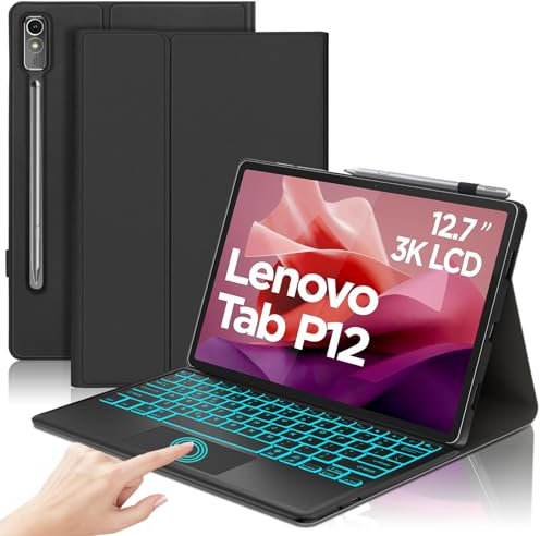 SENGBIRCH Keyboard Case for Lenovo Tab P12 12.7 2023 - UK Layout 7 Colors Backlit Trackpad Wireless Bluetooth Detachable Keyboard for Lenovo Tab P12 12.7 (TB371FC), Black