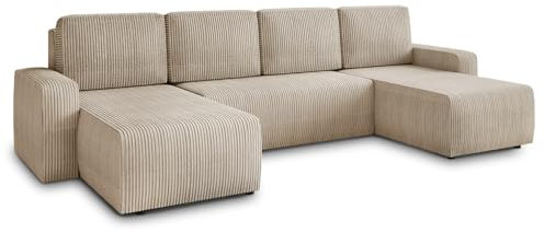 Wohnlandschaft mit Schlaffunktion Roma - U-Form Couch, Schlafsofa mit Bettkasten, Couchgranitur mit Bettfunktion, Big Sofa, Cord Stoff (Beige (Poso 100))